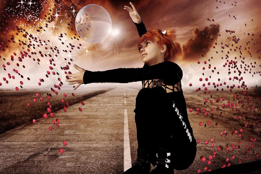 红色的花瓣和女孩背景图片