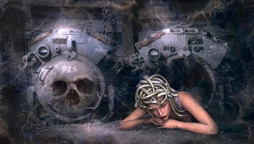 废弃的机器和美杜莎背景图片