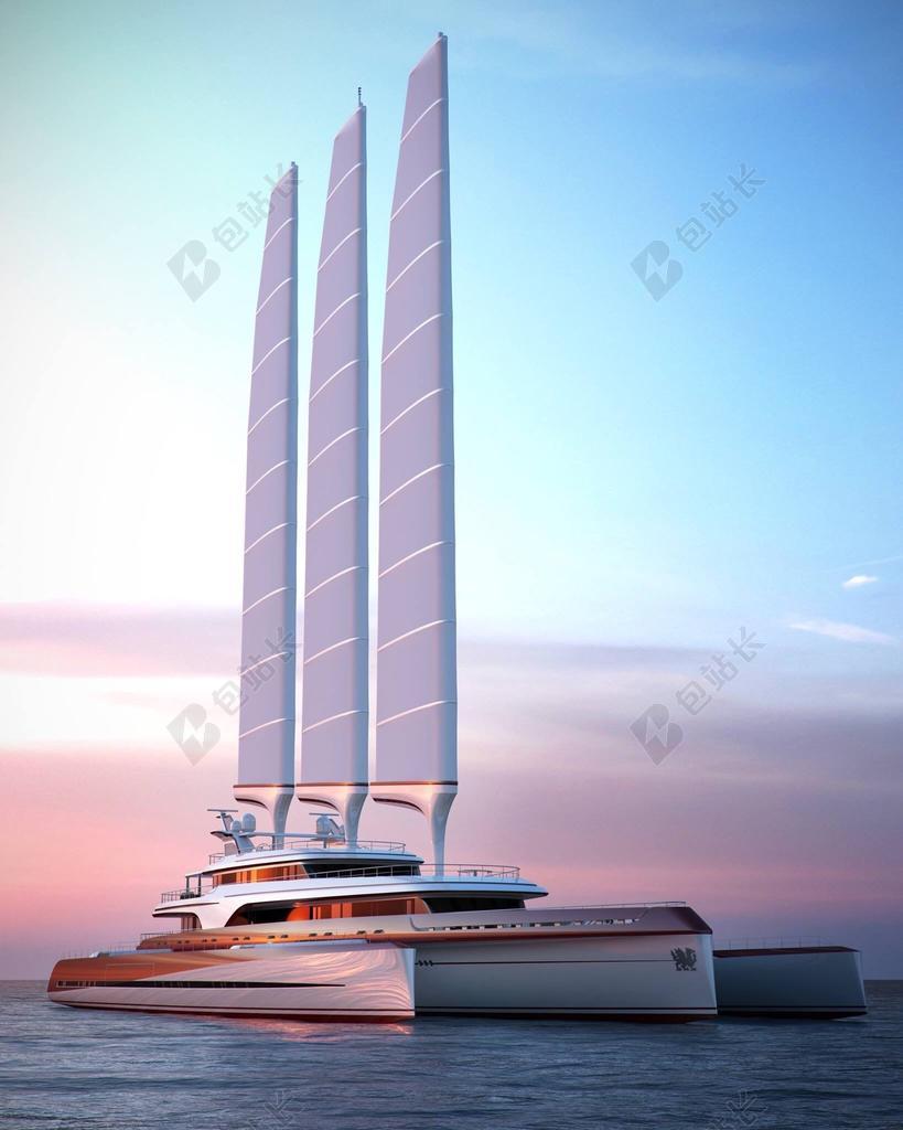 摄影时尚夕阳下还行的豪华游艇背景图片