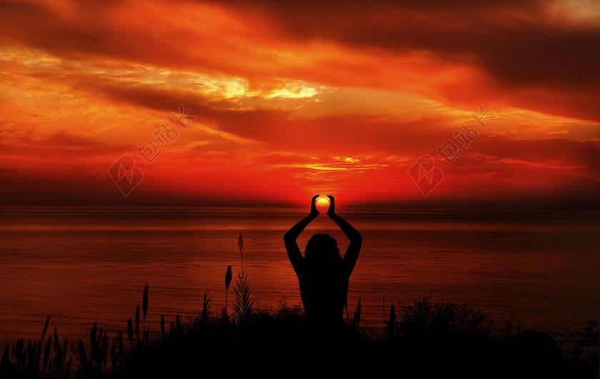 女子 女孩 瑜伽 放宽 冥想 剪影 日落 余辉 湖 海