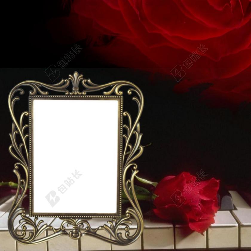 剪贴簿 钢琴 页面 红色 玫瑰 键 黄金 帧 模板 浪漫