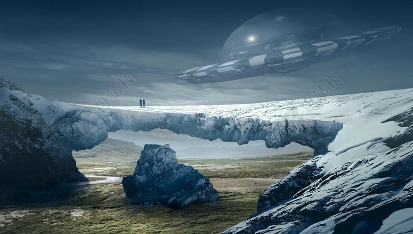 白色的石桥和飞碟背景图片