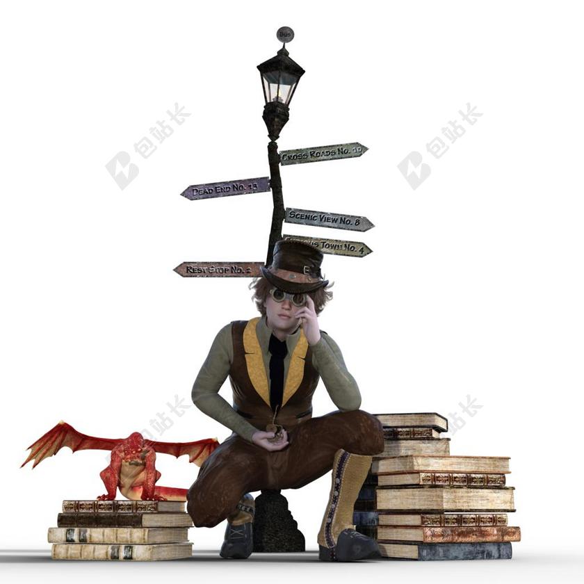 思考的男孩和书本背景图片