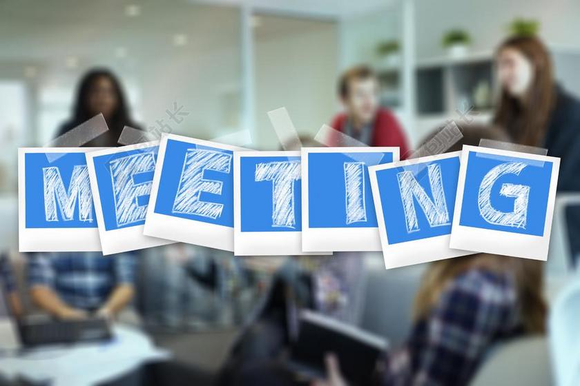 玻璃上的蓝色会议标志背景图片