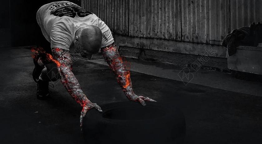 男子 运动 健身 肌肉 疼痛 轮胎 推 实力 权力