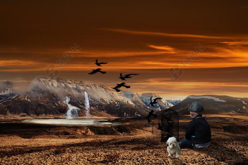 荒漠里的男孩和狗背景图片