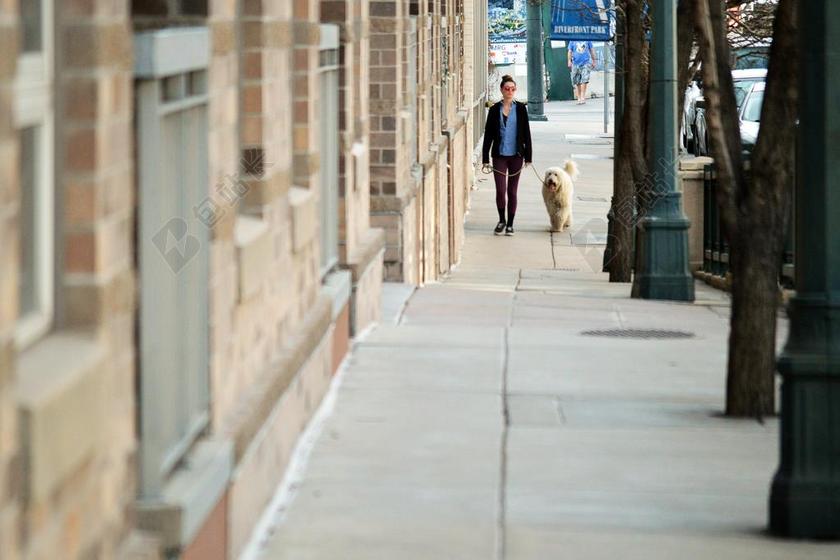 女子 女孩 年轻 成人 女性 走 狗 漫步 人行道 市中心