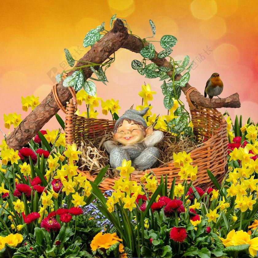 幻想 矮人 春天 晚安 睡眠 休息 购物篮 鲜花 黄水仙