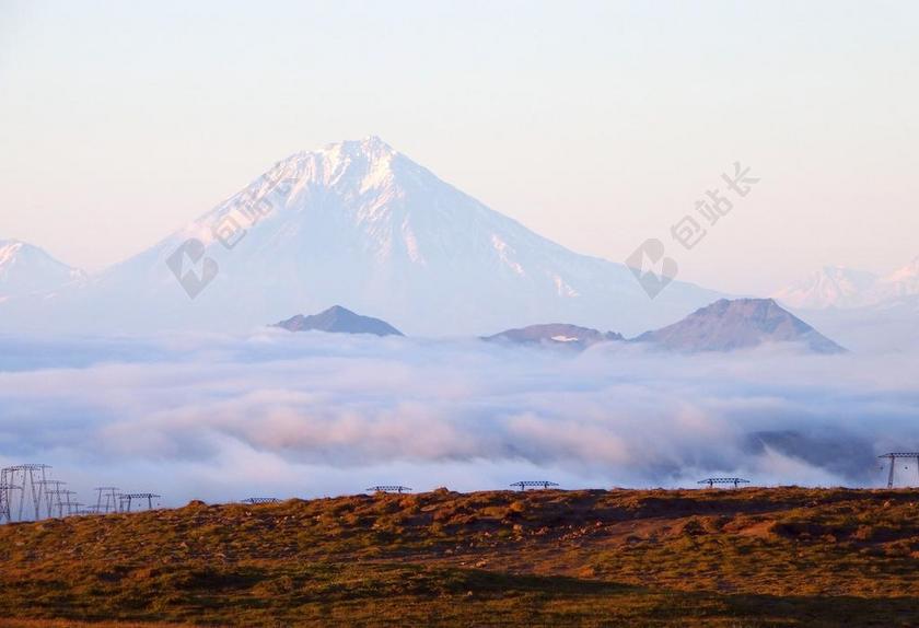 蜃景 山脉 山 火山 岭 达尔 日出 清晨 烟霾 雾