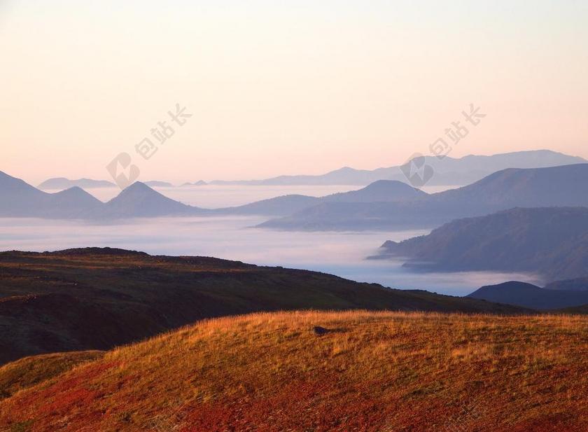 蜃景 山脉 山 火山 岭 达尔 日出 清晨 烟霾 雾