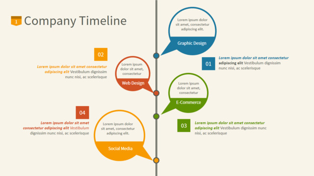 彩色渐变圆形对话框树形公司发展介绍PPT时间轴