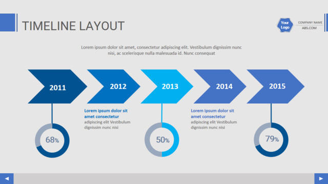 蓝色大箭头不同年份占比介绍时间轴PPT