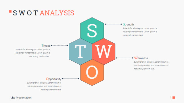 简约多色六边形拼接SWOT分析PPT