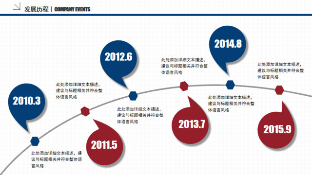 蓝红简约年份对话框公司历程时间轴PPT图表