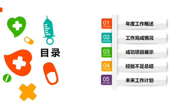 卡通图标医疗行业个人工作汇报目录PPT图表