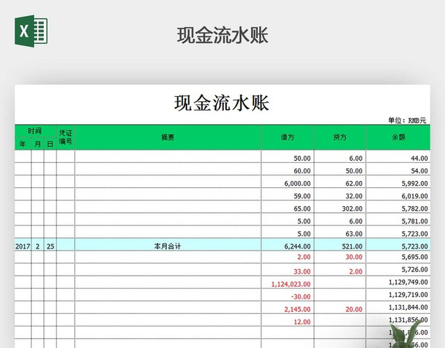 现金流水日记账带公式