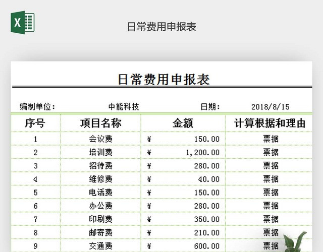 日常费用申报表EXCEL表格