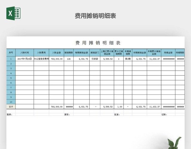 费用摊销表EXCEL模板