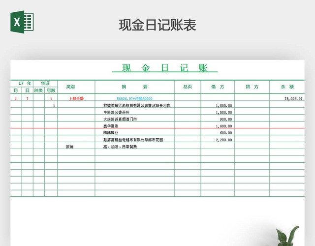 出纳现金日记账表EXCEL模板