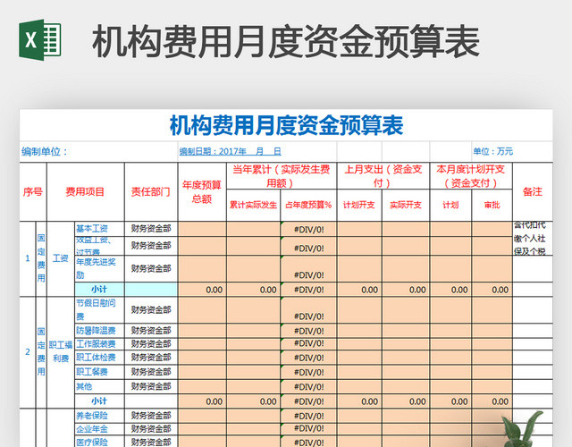 简洁机构费用月度资金预算表EXCEL模板