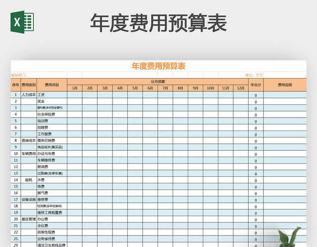 简洁蓝色年度费用预算表EXCEL模板