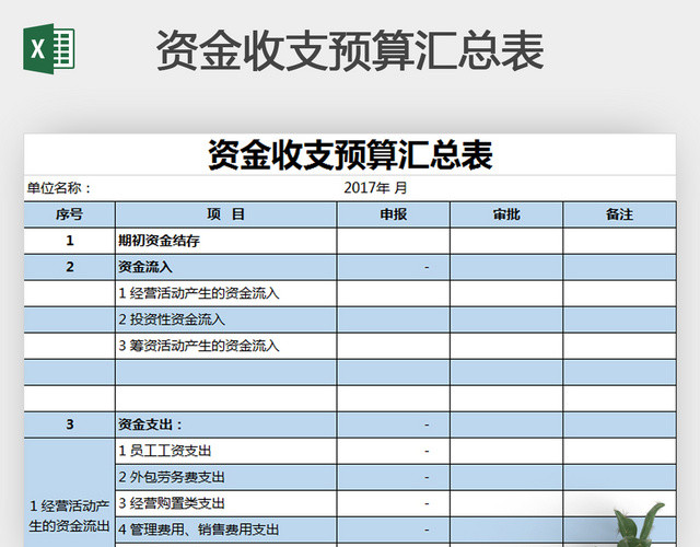 蓝色简约资金收入预算汇总表EXCEL模板