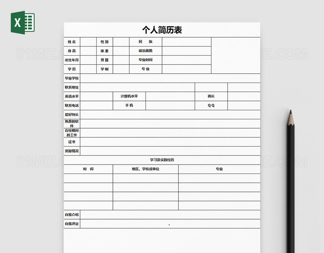 空白简洁个人简历表EXCEL模板