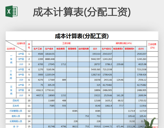 蓝色分配工资成本计算表EXCEL模板