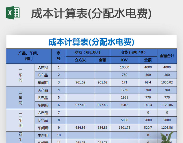 蓝色水电分配成本计算表EXCEL模板