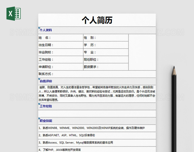简洁个人求职简历EXCEL模板