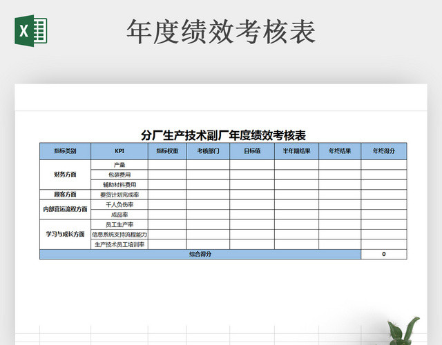 蓝色经典年度绩效表格 EXCEL绩效表格