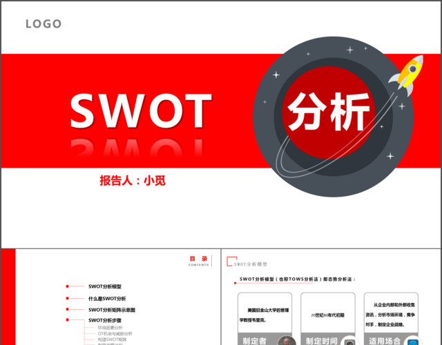 红色系简约框架完整个人公司SWOT分析报告模板PPT