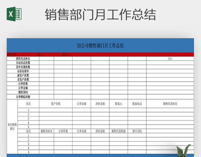 销售部门月工作总结EXCEL模板