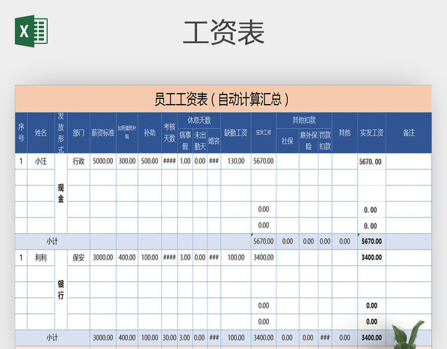 公司员工月工资结算单工资表通用EXCEL模板