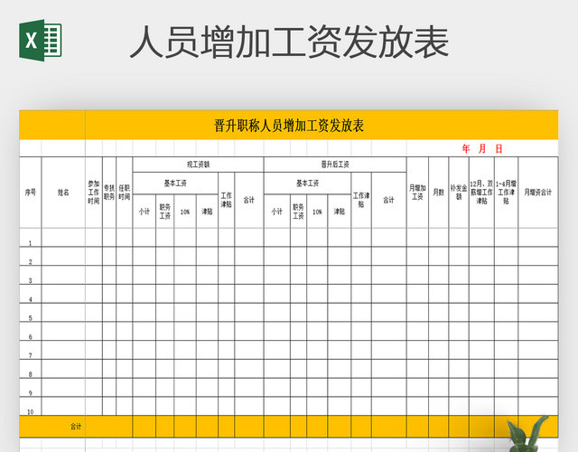 晋升职称人员增加工资发放表设计素材EXCEL