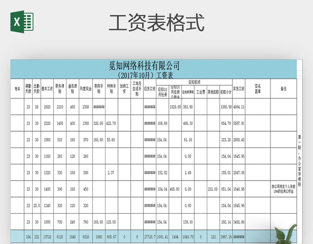 公司员工月工资表EXCEL表格