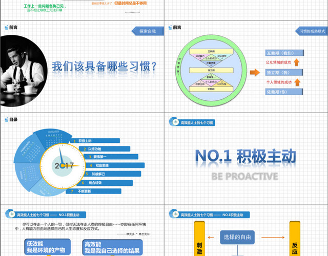 蓝色时钟日历高效能人士的七个习惯培训通用PPT模板