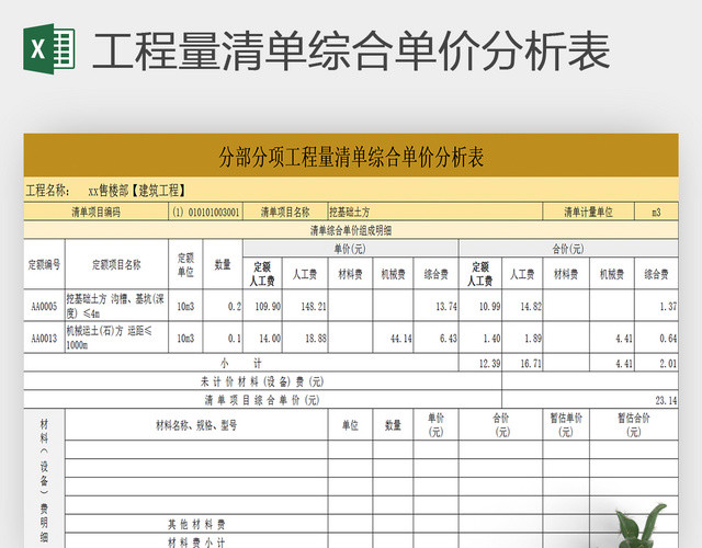 工程量清单综合单价分析表EXCEL表格