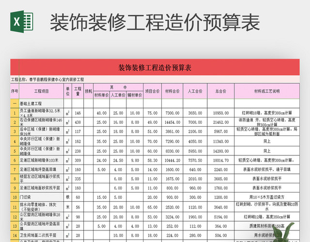 EXCEL模板 装饰装修工程造价预算表