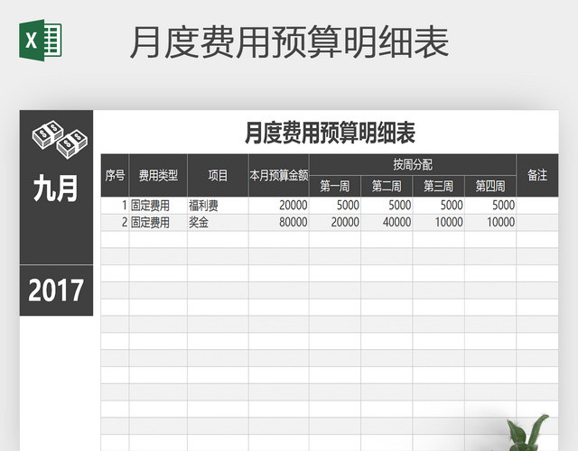 EXCEL月度费用预算明细表