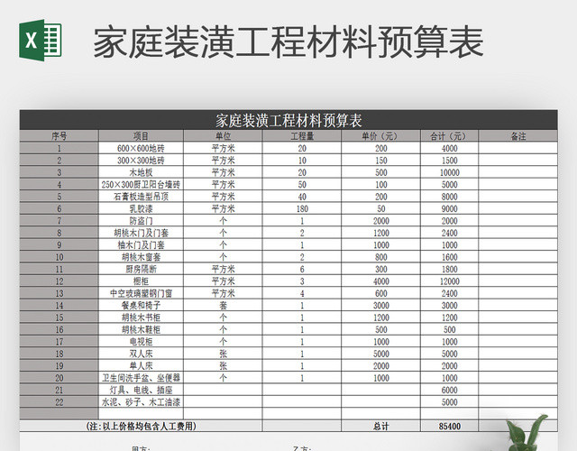 家庭装潢工程材料预算表EXCEL表