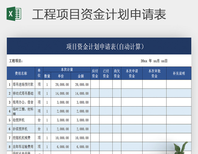 EXCEL表格工程项目资金计划申请表