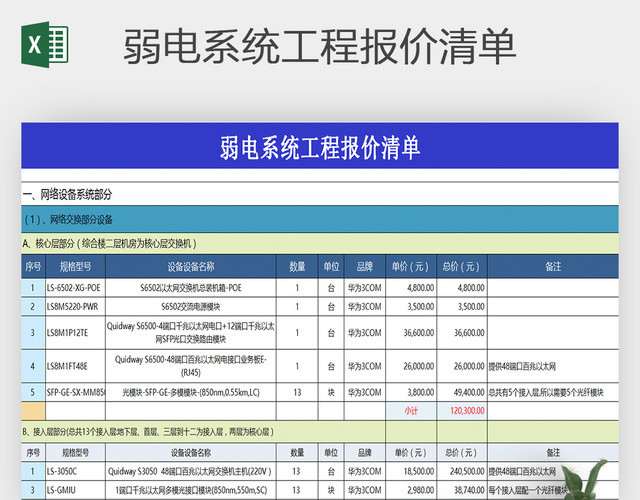 弱电系统工程报价清单EXCEL模版