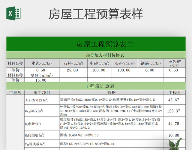 房屋工程预算表样EXCEL
