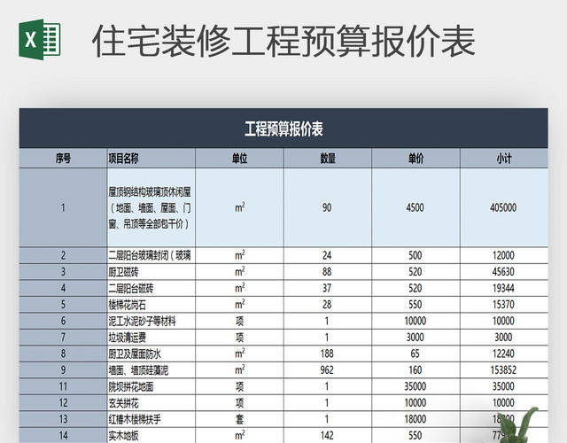 EXCEL模板 住宅装修工程预算报价表