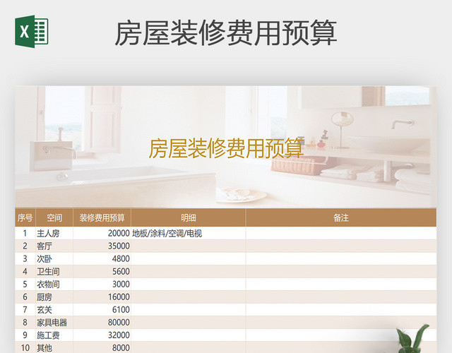 房屋装修费用预算EXCEL模板