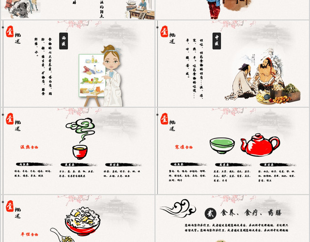饮食与养生红色中国风卡通手绘精美PPT模板