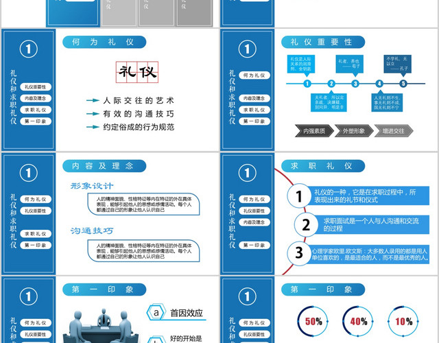 蓝色简约商务风平滑效果职场培训求职礼仪PPT模板