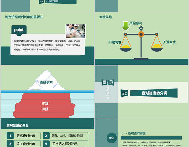 蓝绿扁平风护理查对制度PPT简约大气图文结合PPT模板