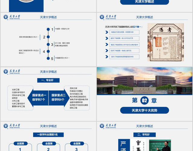 蓝色天津大学介绍宣传学校介绍展示招生PPT模板